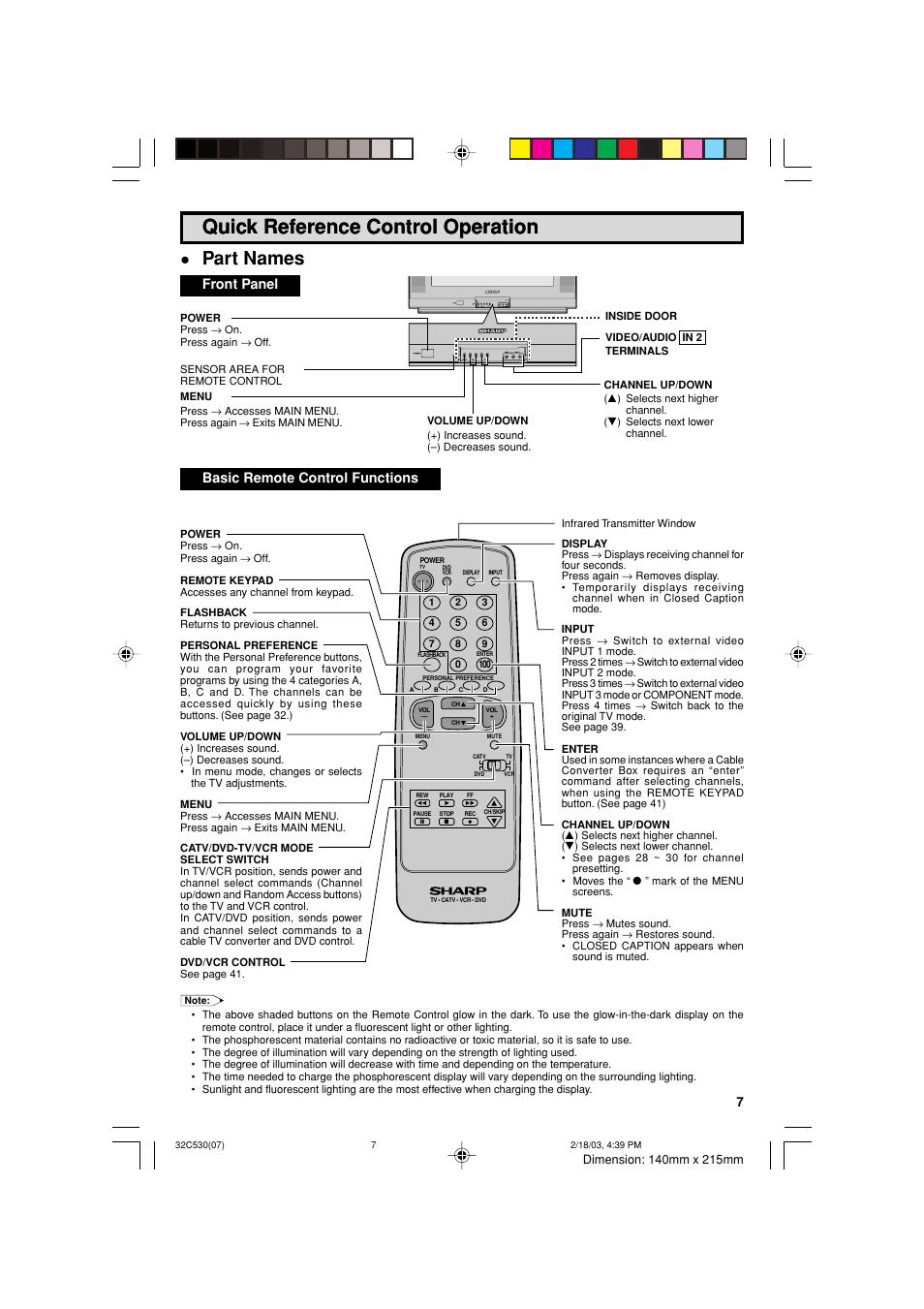 Quick reference control operation, Part names, Front panel | Basic remote control functions | Sharp 32C530 User Manual | Page 7 / 60