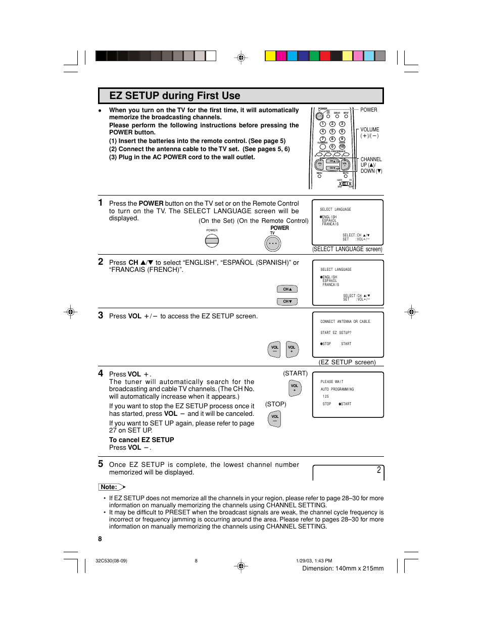 Ez setup during first use, Press vol k/l to access the ez setup screen, Ez setup screen) | Sharp 32C530 User Manual | Page 8 / 60