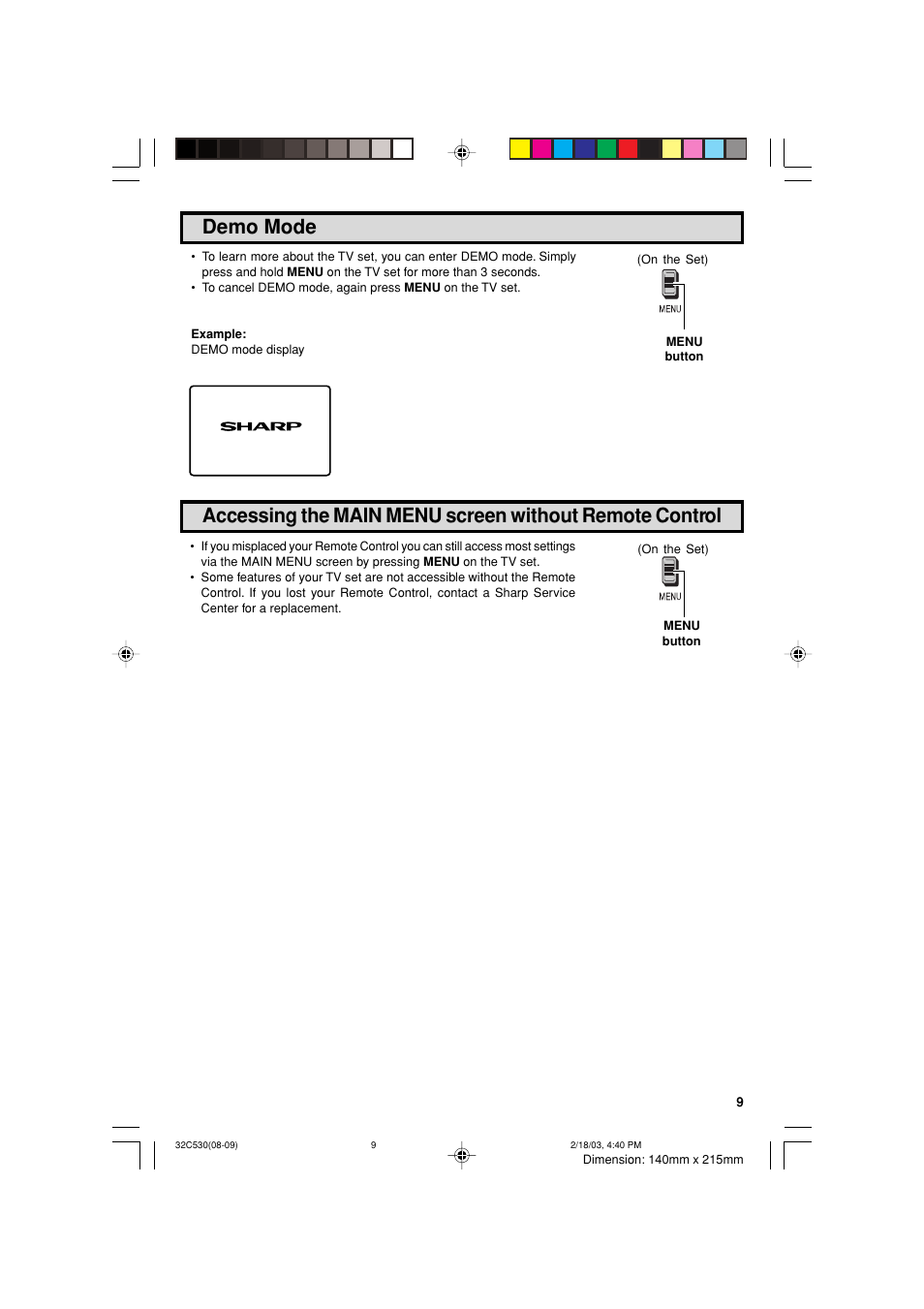 Demo mode | Sharp 32C530 User Manual | Page 9 / 60