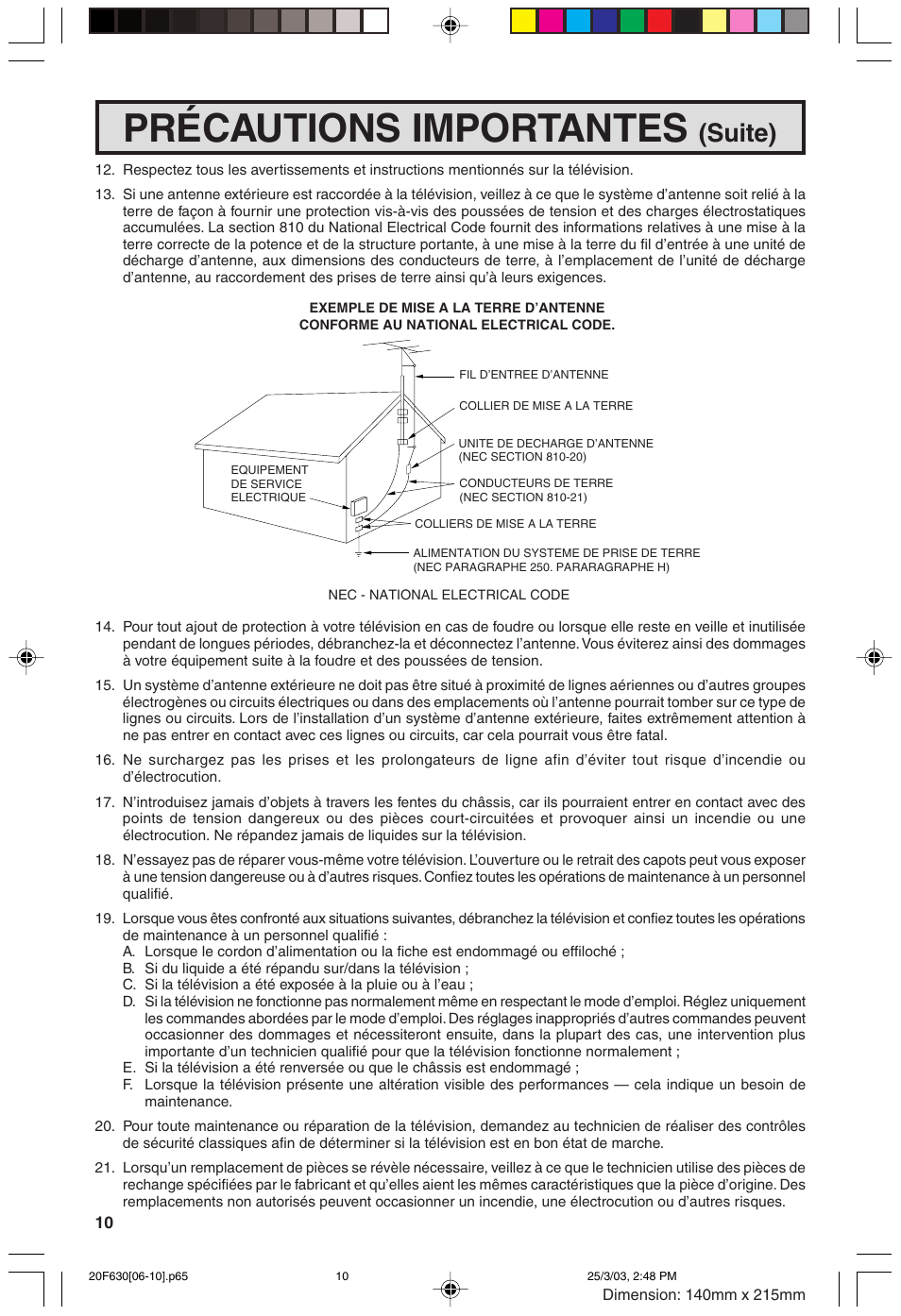 Précautions importantes, Suite) | Sharp 20F630 L User Manual | Page 10 / 56