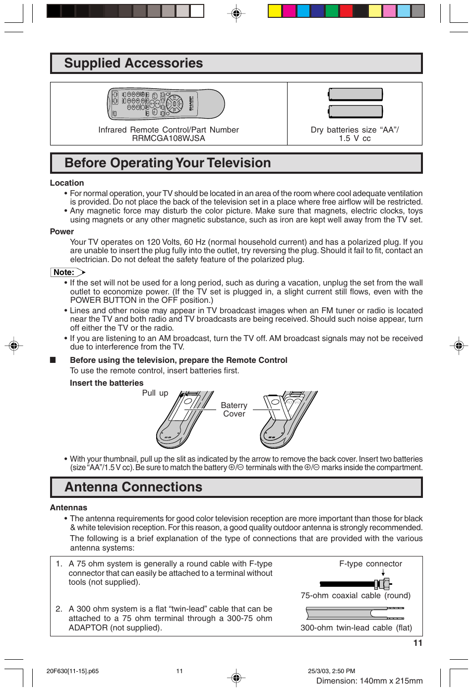 Supplied accessories, Before operating your television, Antenna connections | Sharp 20F630 L User Manual | Page 11 / 56