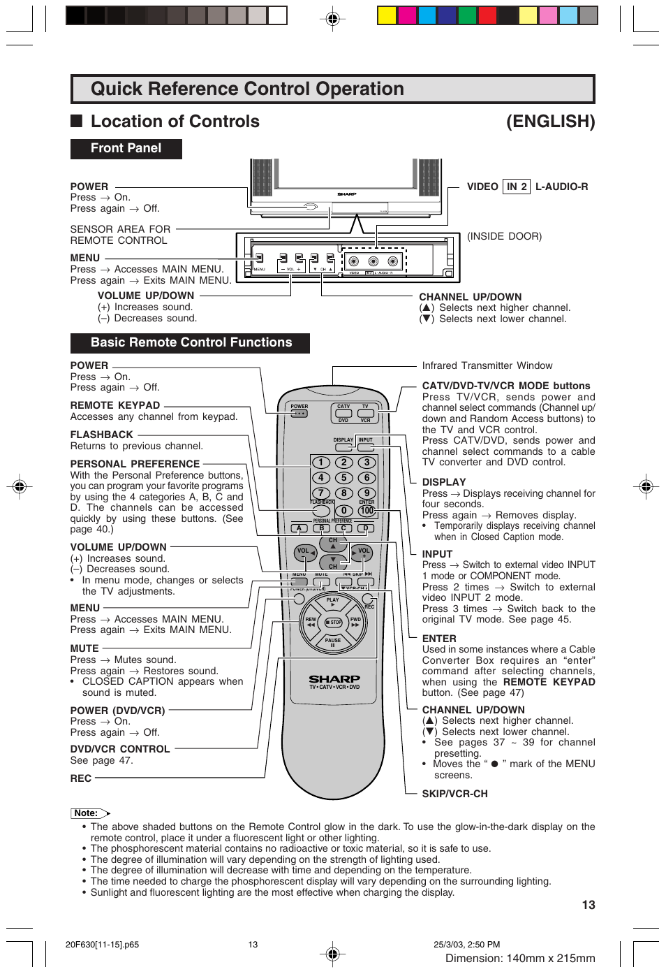 Quick reference control operation, Llocation of controls (english), Front panel | Basic remote control functions | Sharp 20F630 L User Manual | Page 13 / 56