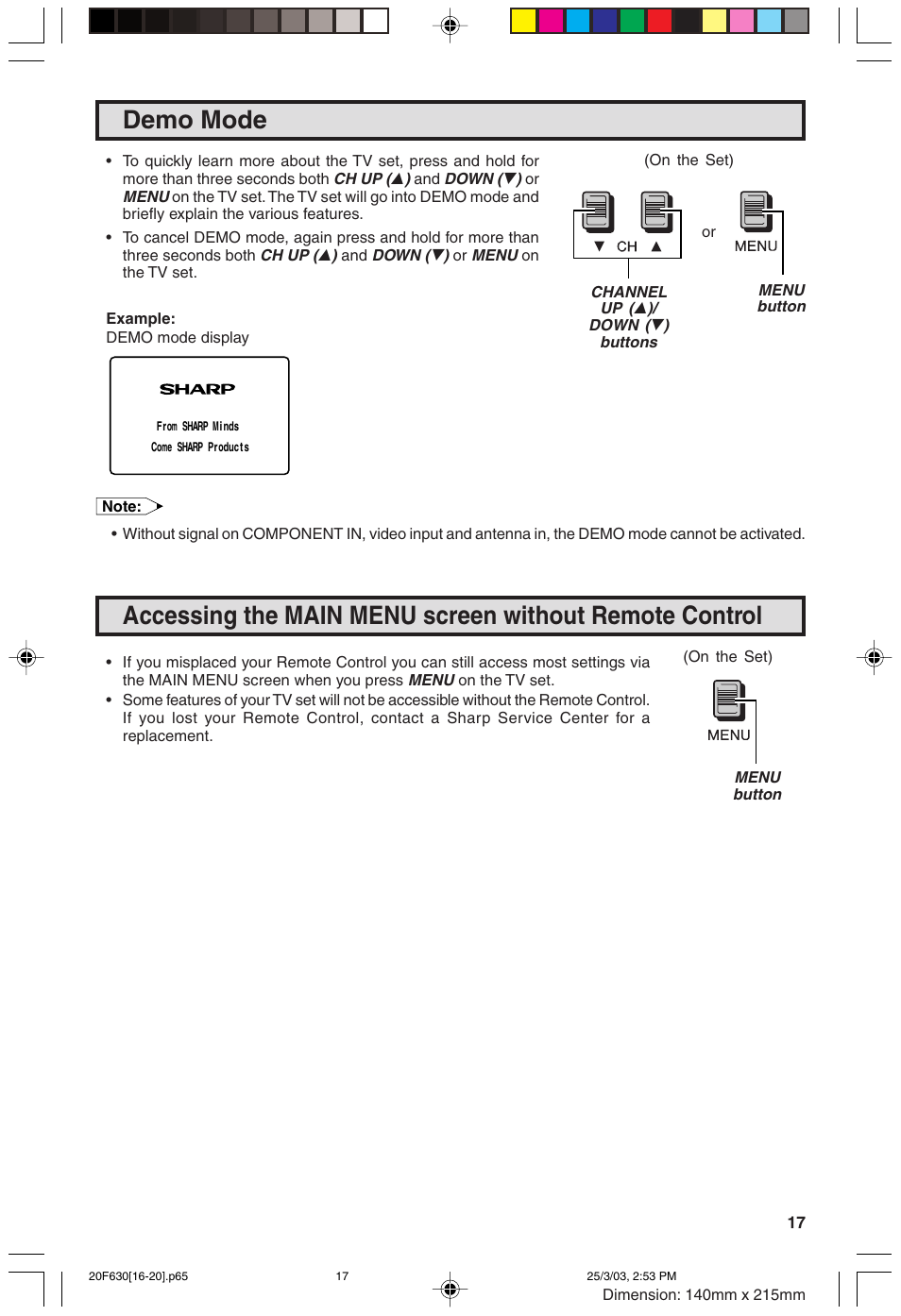 Demo mode | Sharp 20F630 L User Manual | Page 17 / 56