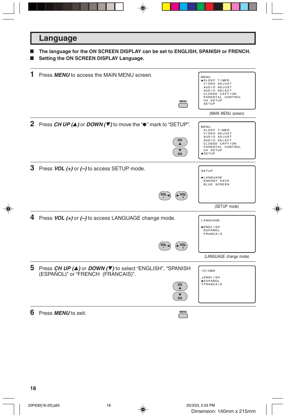 Language, Menu, Ch up ( 8 ) | Down ( 9 ), Vol (+), Press | Sharp 20F630 L User Manual | Page 18 / 56