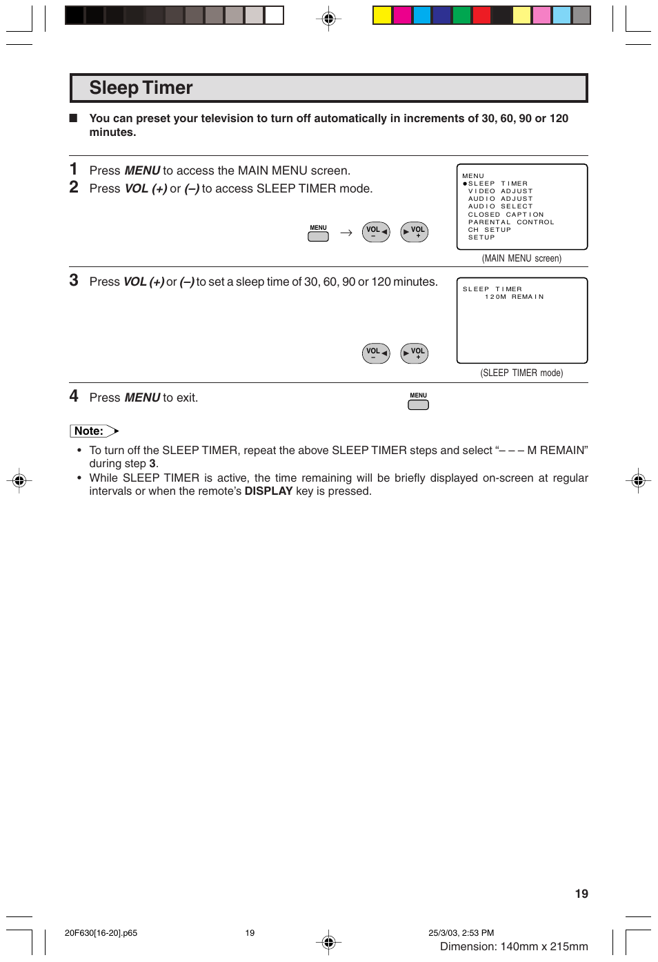 Sleep timer, Menu, Vol (+) | Press | Sharp 20F630 L User Manual | Page 19 / 56