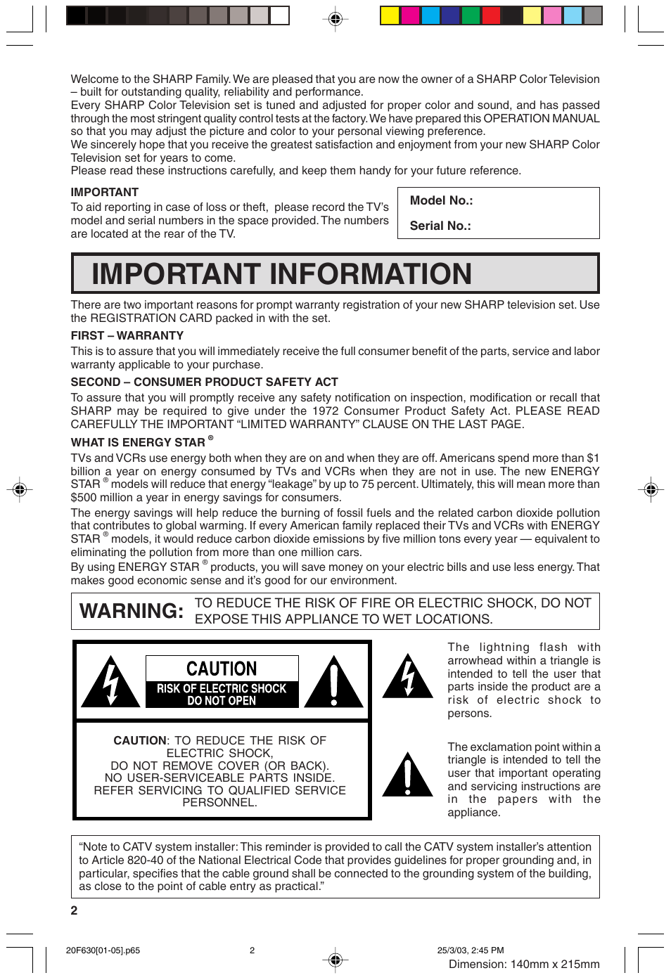 Important information, Warning | Sharp 20F630 L User Manual | Page 2 / 56