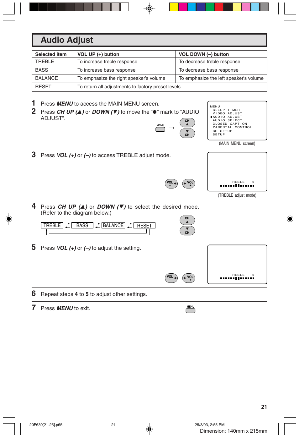 Audio adjust, Menu, Ch up ( 8 ) | Down ( 9 ), Vol (+), Press, Repeat steps 4 to 5 to adjust other settings | Sharp 20F630 L User Manual | Page 21 / 56