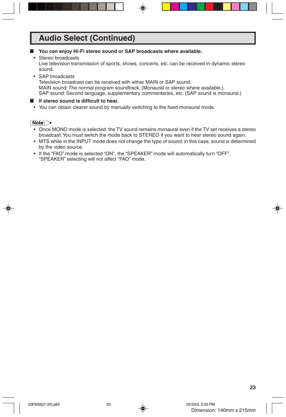 Audio select (continued) | Sharp 20F630 L User Manual | Page 23 / 56