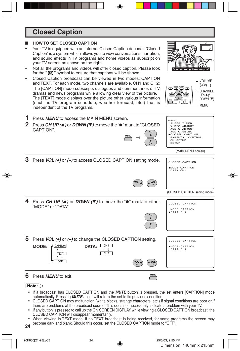 Closed caption, Menu, Ch up ( 8 ) | Down ( 9 ), Vol (+), Press | Sharp 20F630 L User Manual | Page 24 / 56