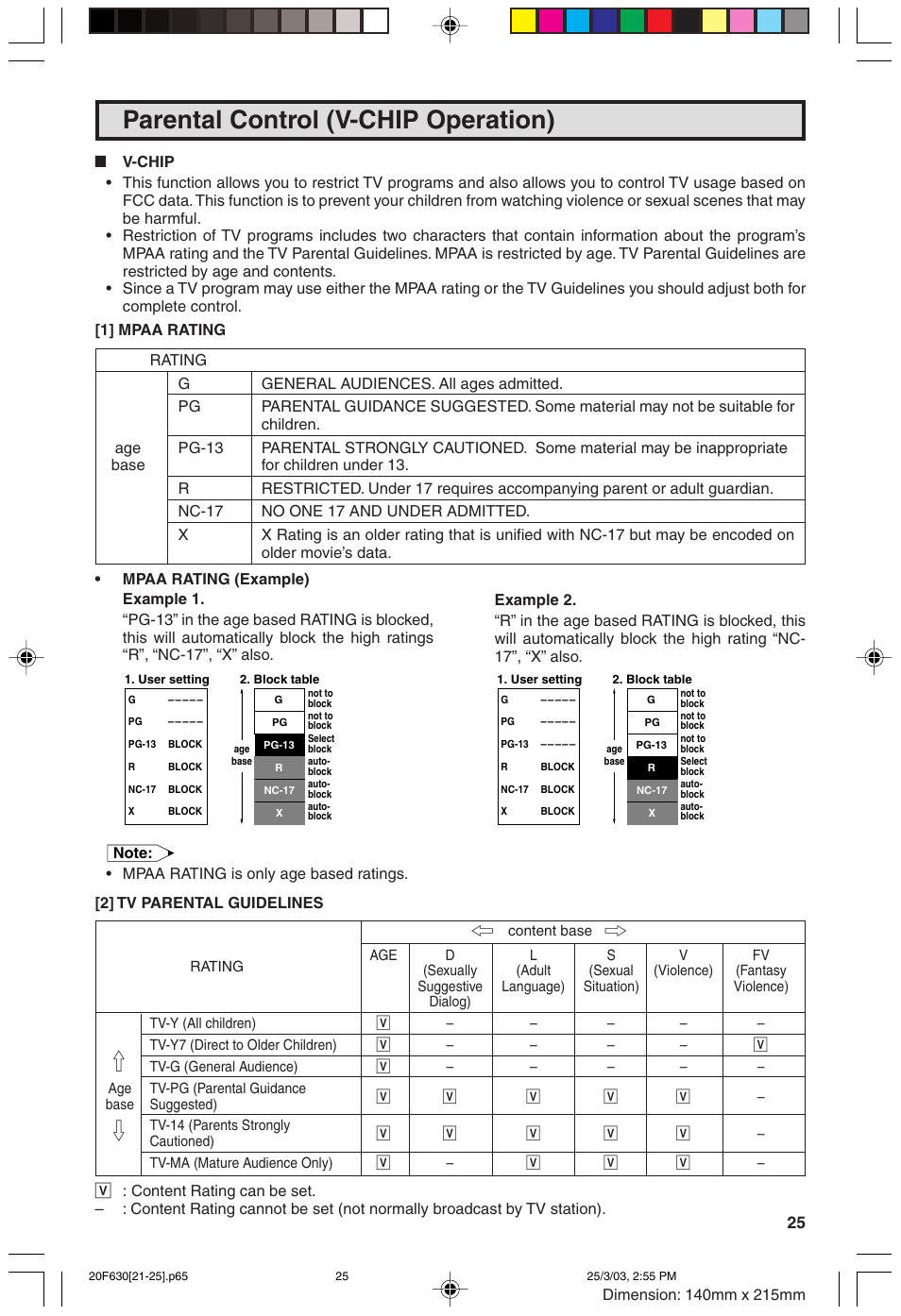 Parental control (v-chip operation) | Sharp 20F630 L User Manual | Page 25 / 56