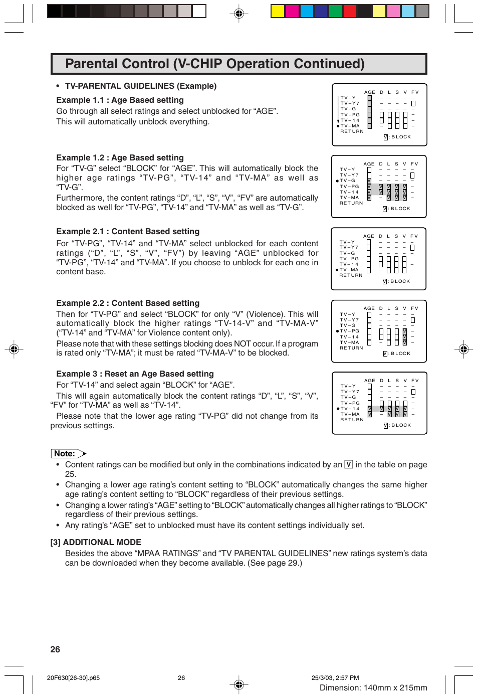 Parental control (v-chip operation continued) | Sharp 20F630 L User Manual | Page 26 / 56