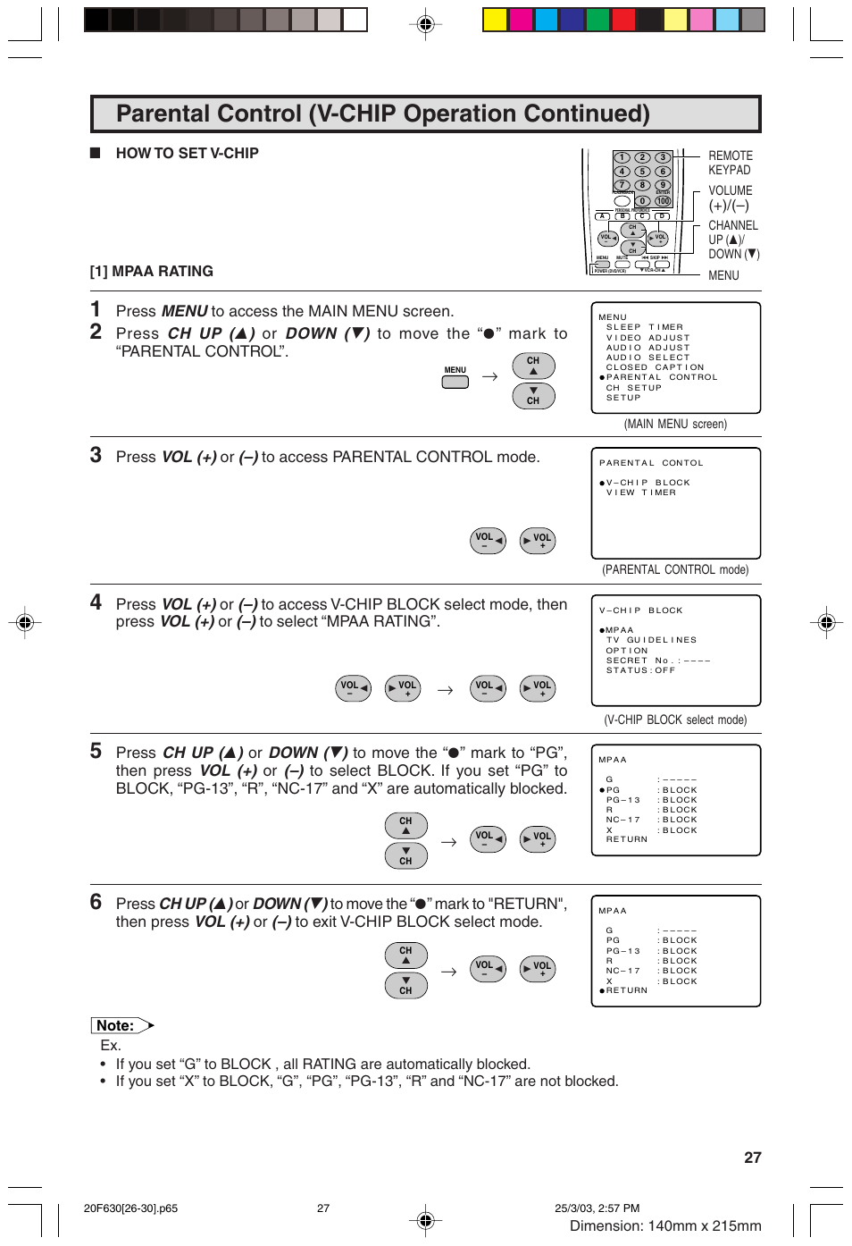 Parental control (v-chip operation continued), Menu, Ch up ( 8 ) | Down ( 9 ), Vol (+), Press, Lhow to set v-chip [1] mpaa rating | Sharp 20F630 L User Manual | Page 27 / 56