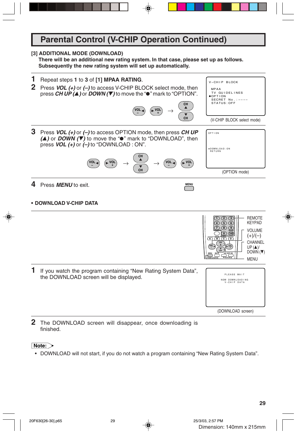 Parental control (v-chip operation continued), Vol (+), Ch up ( 8 ) | Down ( 9 ), Menu, Repeat steps 1 to 3 of [1] mpaa rating, Press, Download v-chip data | Sharp 20F630 L User Manual | Page 29 / 56