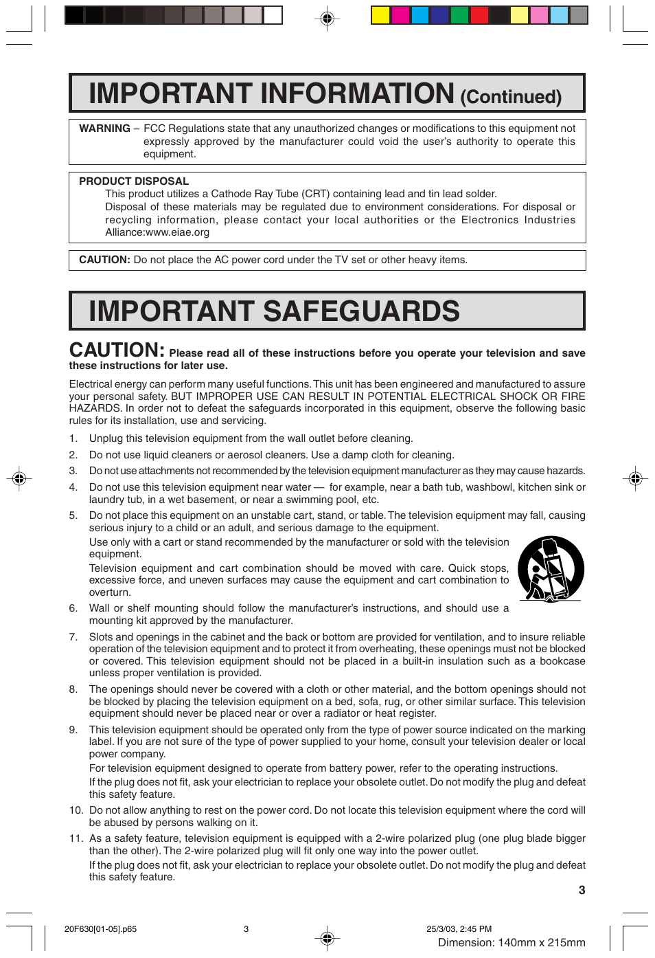 Important information, Important safeguards, Caution | Continued) | Sharp 20F630 L User Manual | Page 3 / 56