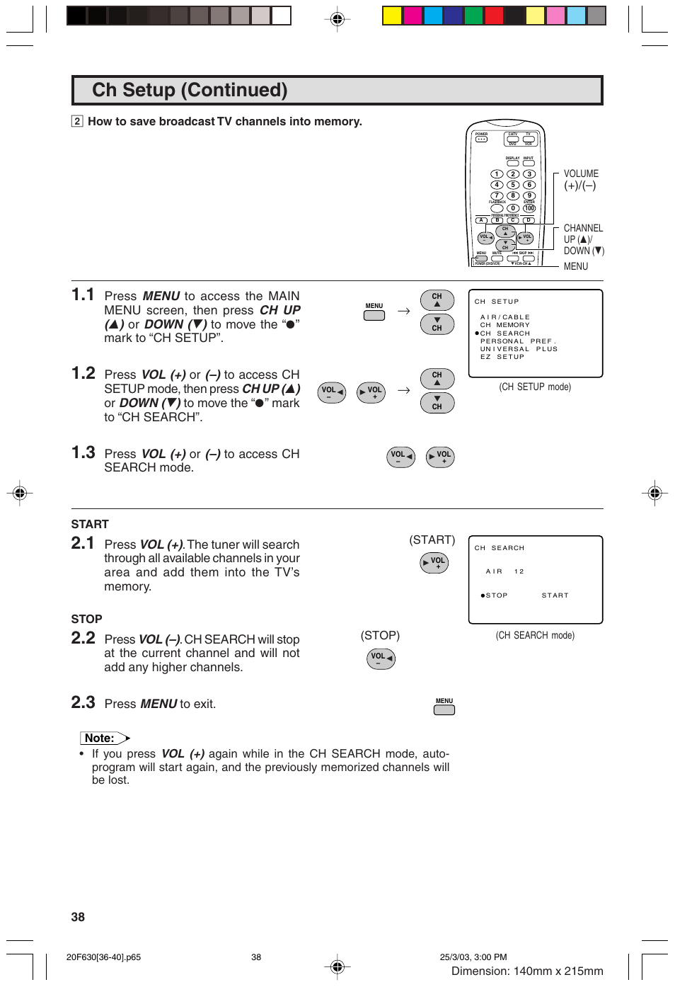 Ch setup (continued), Menu, Ch up ( 8 ) | Down ( 9 ), Vol (+), Vol (–), Press, Start, Stop, Start) | Sharp 20F630 L User Manual | Page 38 / 56