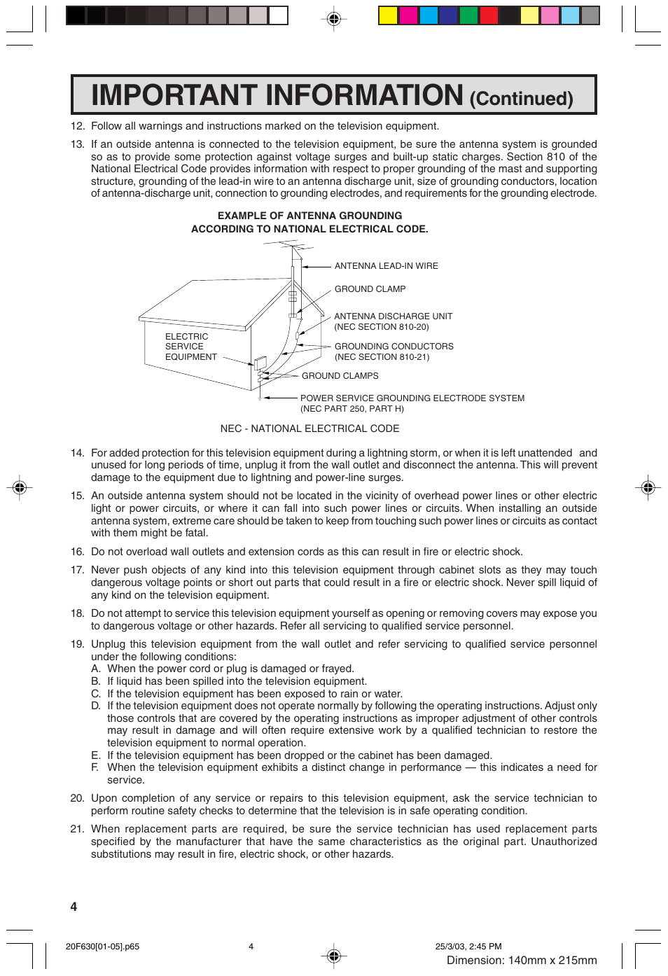 Important information, Continued) | Sharp 20F630 L User Manual | Page 4 / 56