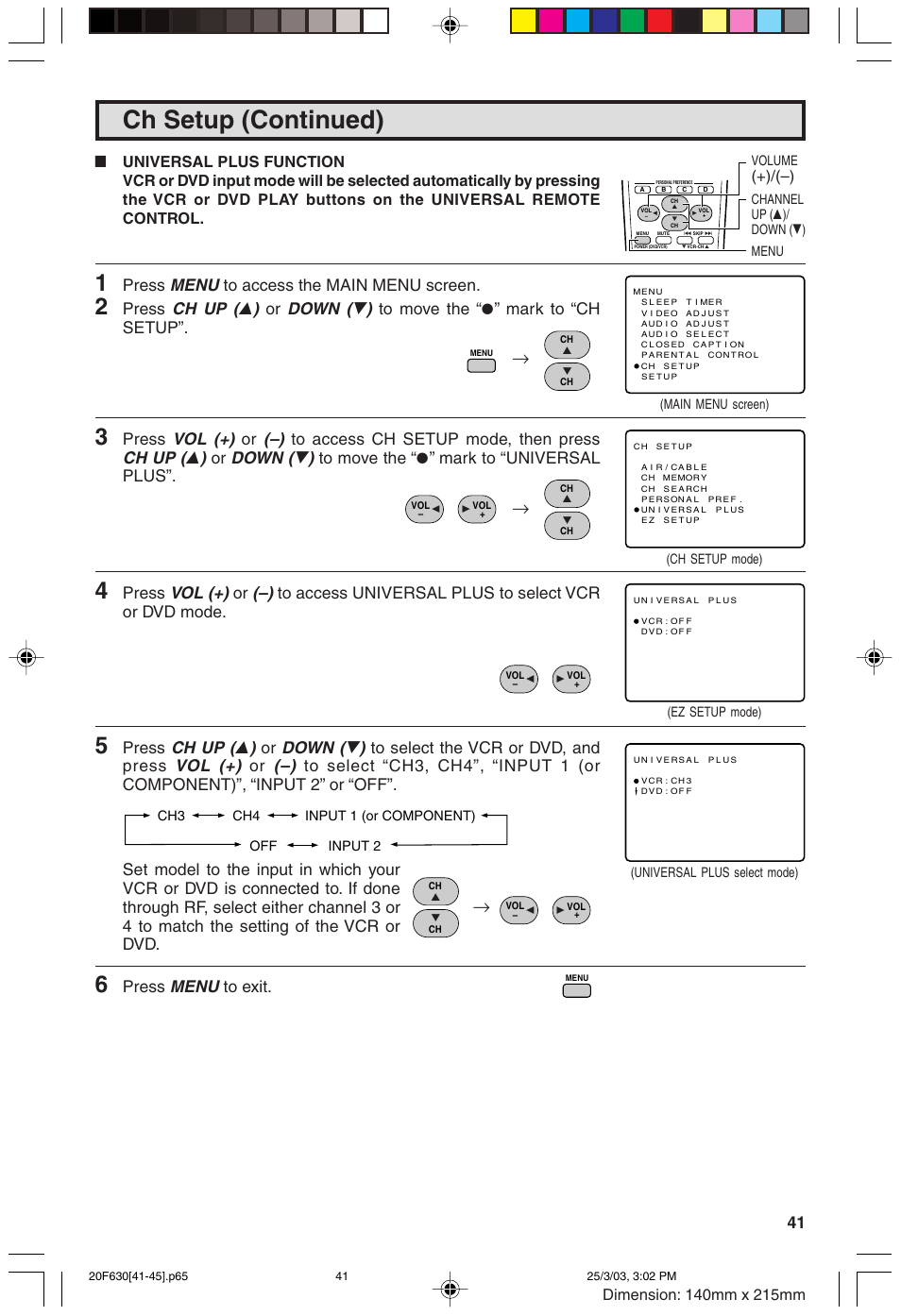 Ch setup (continued), Menu, Ch up ( 8 ) | Down ( 9 ), Vol (+), Press | Sharp 20F630 L User Manual | Page 41 / 56