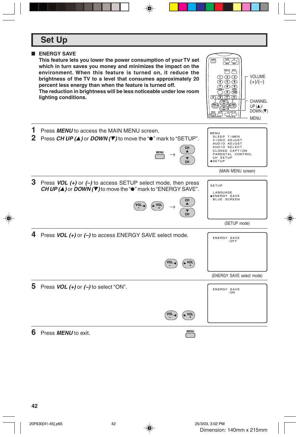 Set up, Menu, Ch up ( 8 ) | Down ( 9 ), Vol (+), Press | Sharp 20F630 L User Manual | Page 42 / 56