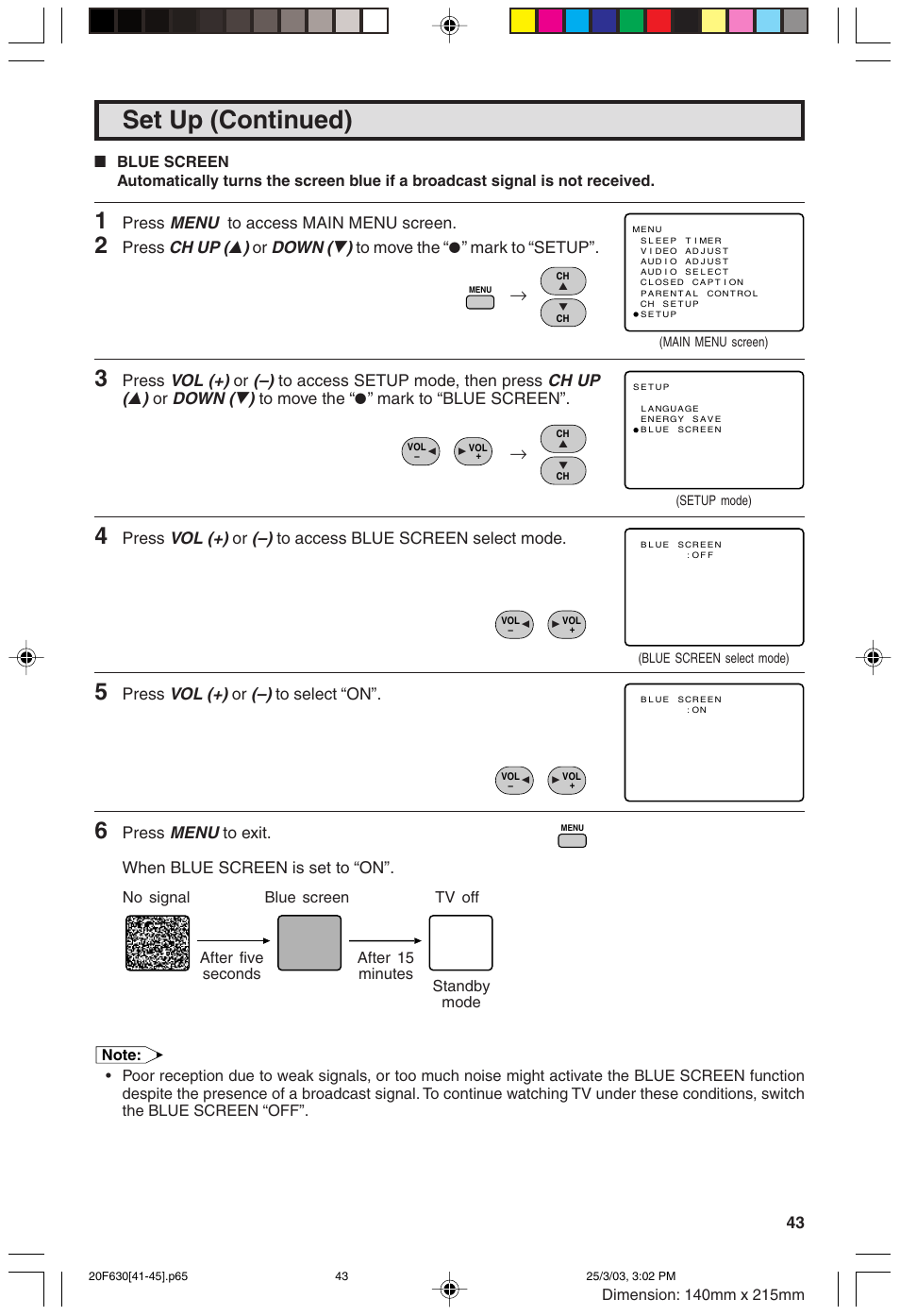 Set up (continued), Menu, Ch up ( 8 ) | Down ( 9 ), Vol (+), Press | Sharp 20F630 L User Manual | Page 43 / 56