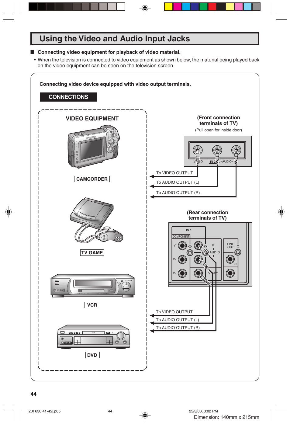 Using the video and audio input jacks, Connections, Video equipment | Sharp 20F630 L User Manual | Page 44 / 56