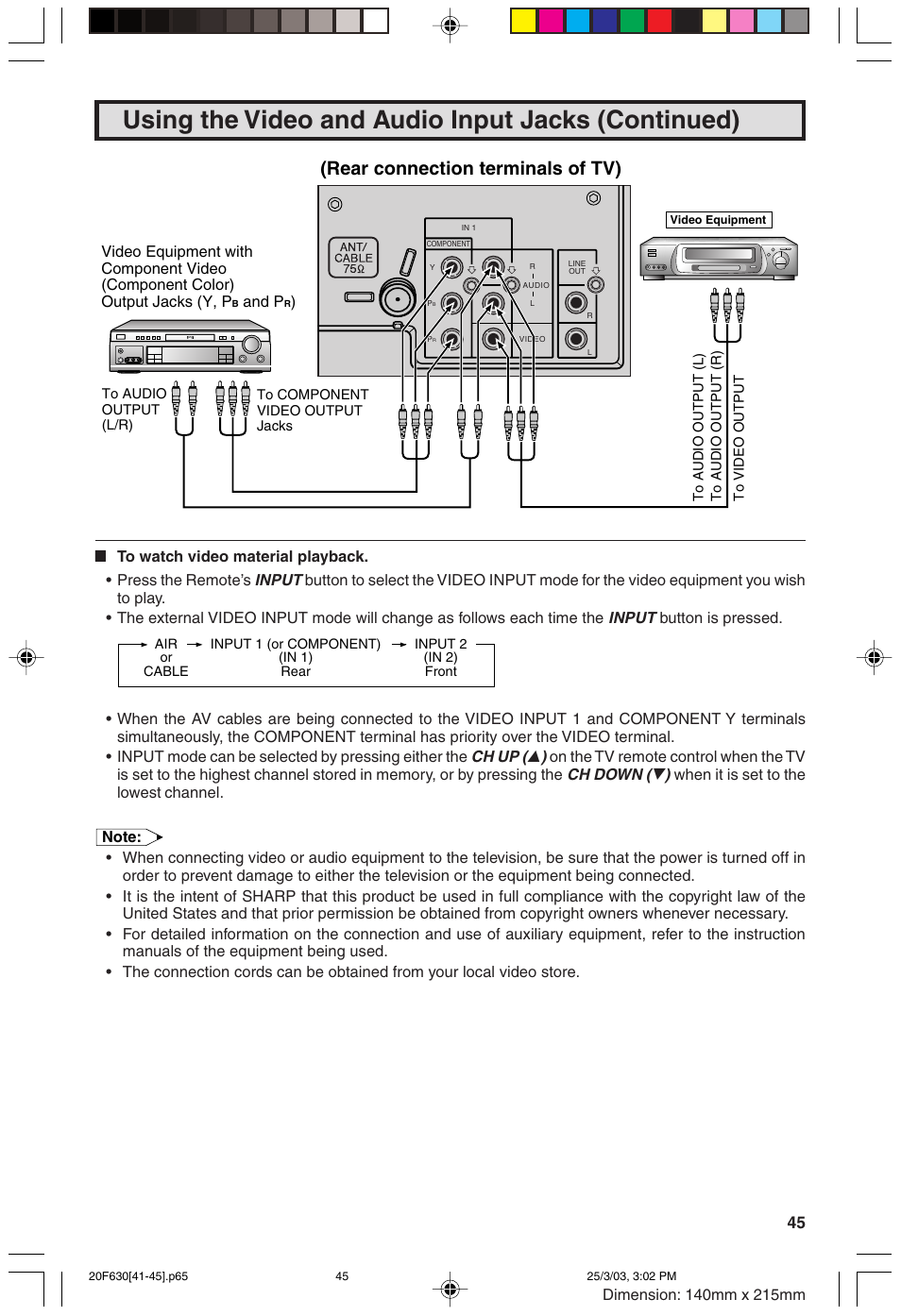 Using the video and audio input jacks (continued), Rear connection terminals of tv) | Sharp 20F630 L User Manual | Page 45 / 56