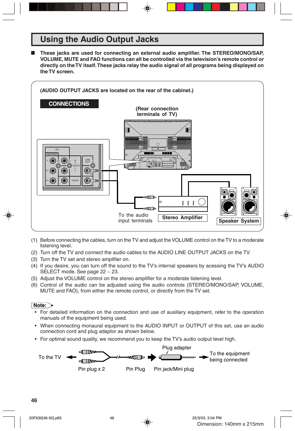 Using the audio output jacks, Connections | Sharp 20F630 L User Manual | Page 46 / 56