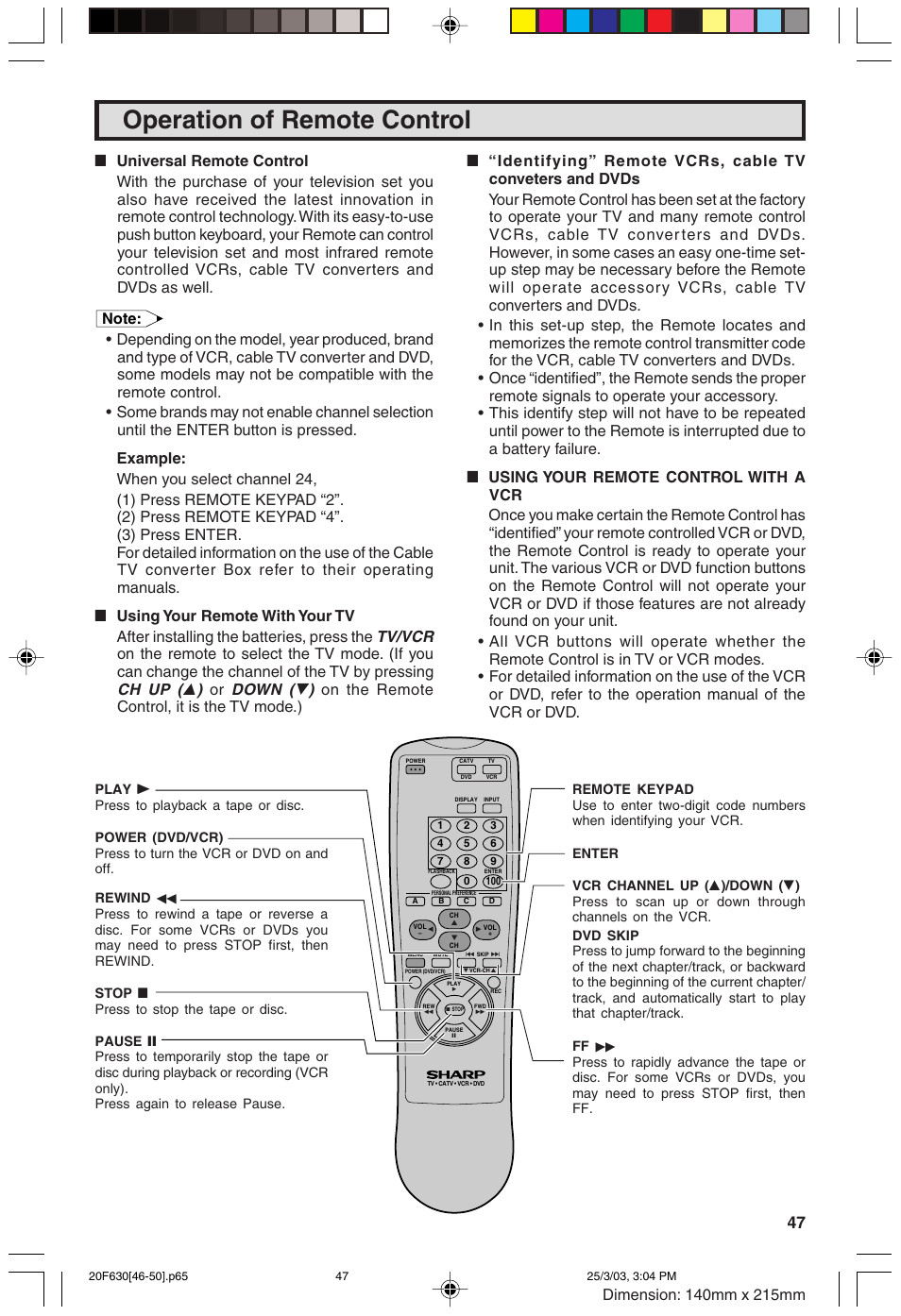 Operation of remote control | Sharp 20F630 L User Manual | Page 47 / 56