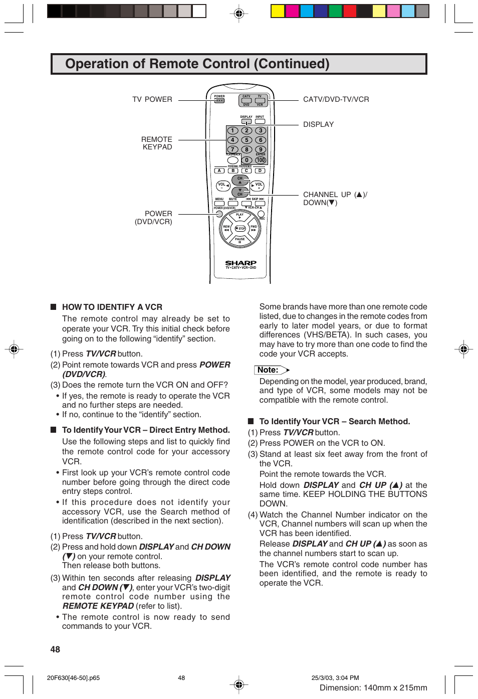 Operation of remote control (continued) | Sharp 20F630 L User Manual | Page 48 / 56