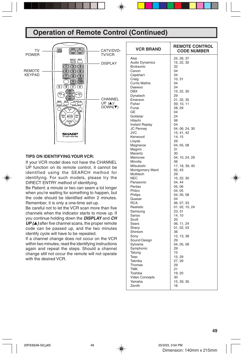 Operation of remote control (continued), Vcr brand remote control code number | Sharp 20F630 L User Manual | Page 49 / 56