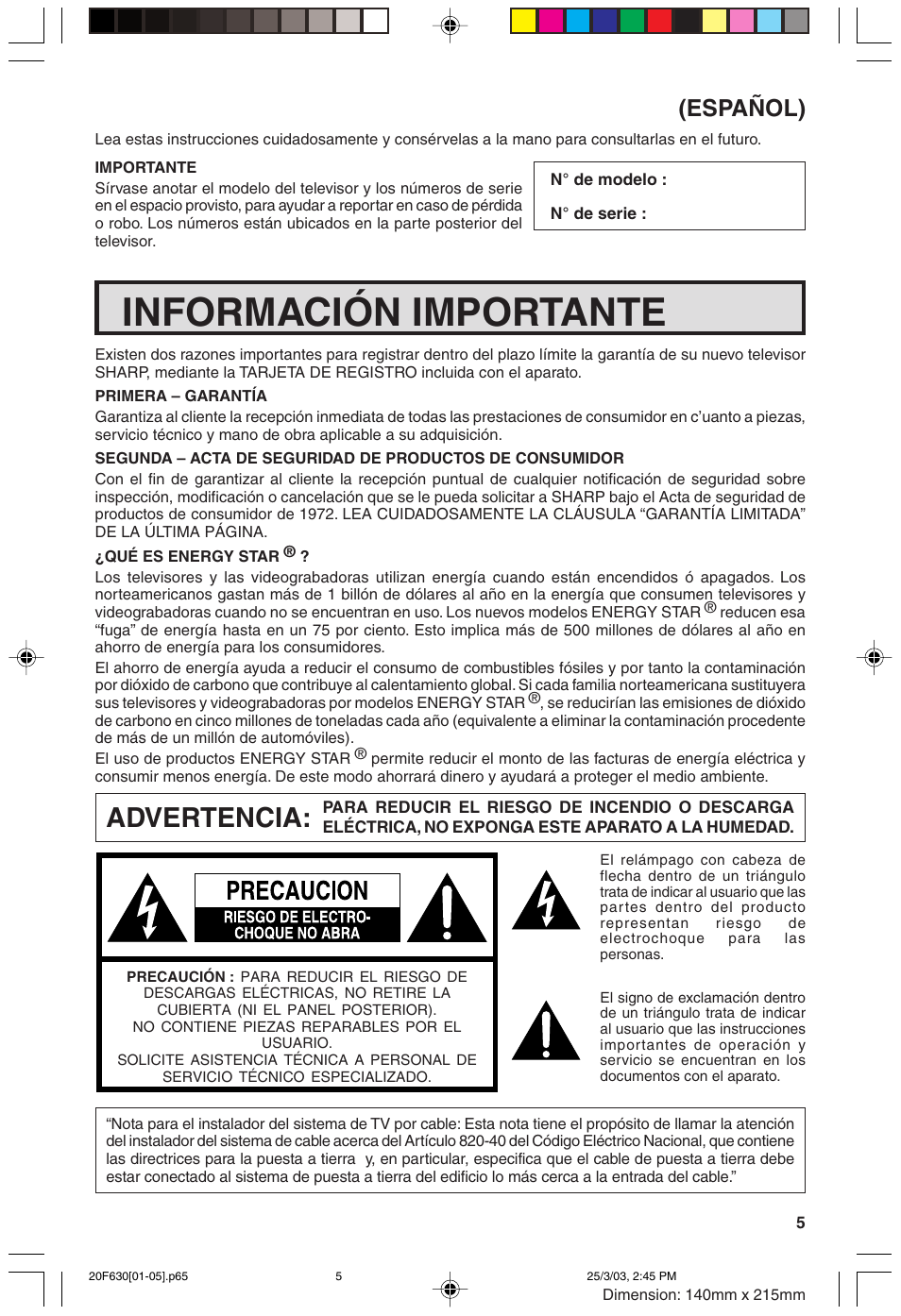 Información importante, Advertencia, Español) | Sharp 20F630 L User Manual | Page 5 / 56