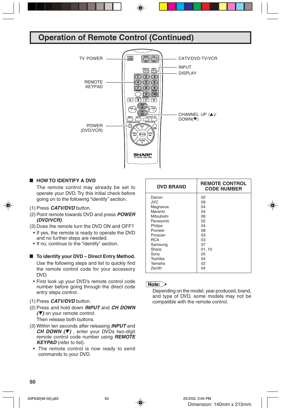 Operation of remote control (continued) | Sharp 20F630 L User Manual | Page 50 / 56