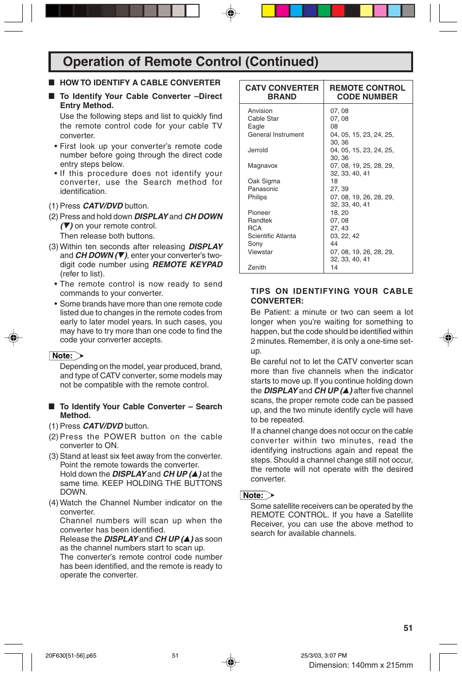 Operation of remote control (continued) | Sharp 20F630 L User Manual | Page 51 / 56