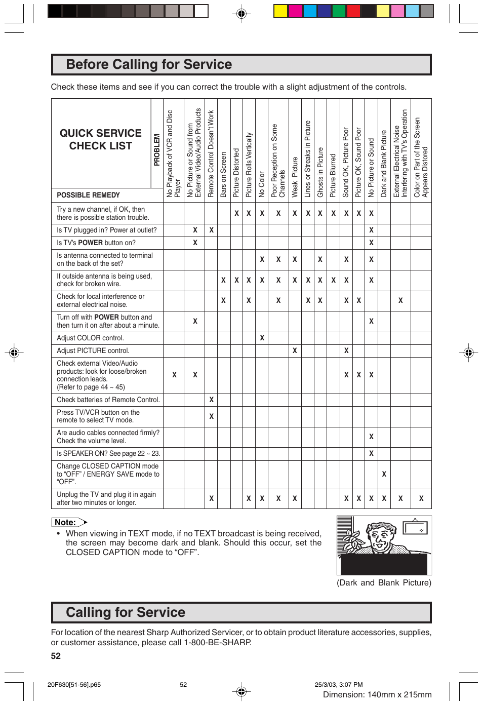 Before calling for service, Calling for service, Quick service check list | Sharp 20F630 L User Manual | Page 52 / 56