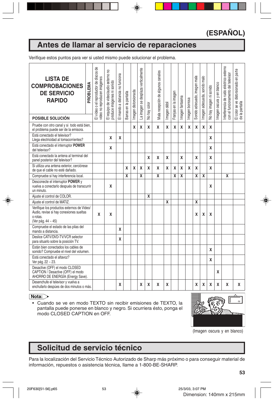 Antes de llamar al servicio de reparaciones, Solicitud de servicio técnico, Español) | Lista de comprobaciones de servicio rapido | Sharp 20F630 L User Manual | Page 53 / 56