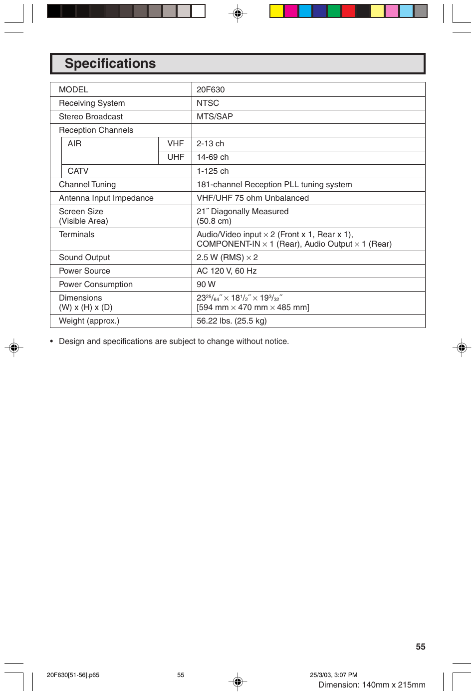 Specifications | Sharp 20F630 L User Manual | Page 55 / 56