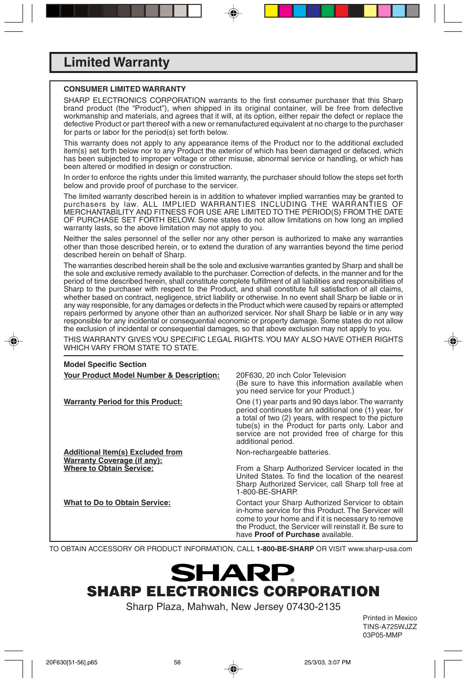 Sharp electronics corporation, Limited warranty | Sharp 20F630 L User Manual | Page 56 / 56