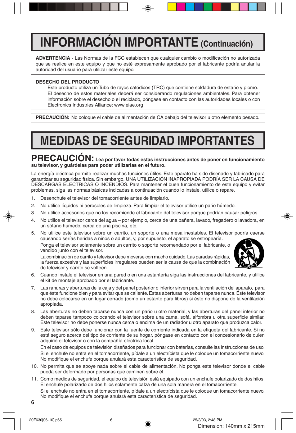 Información importante, Medidas de seguridad importantes, Precaución | Continuación) | Sharp 20F630 L User Manual | Page 6 / 56