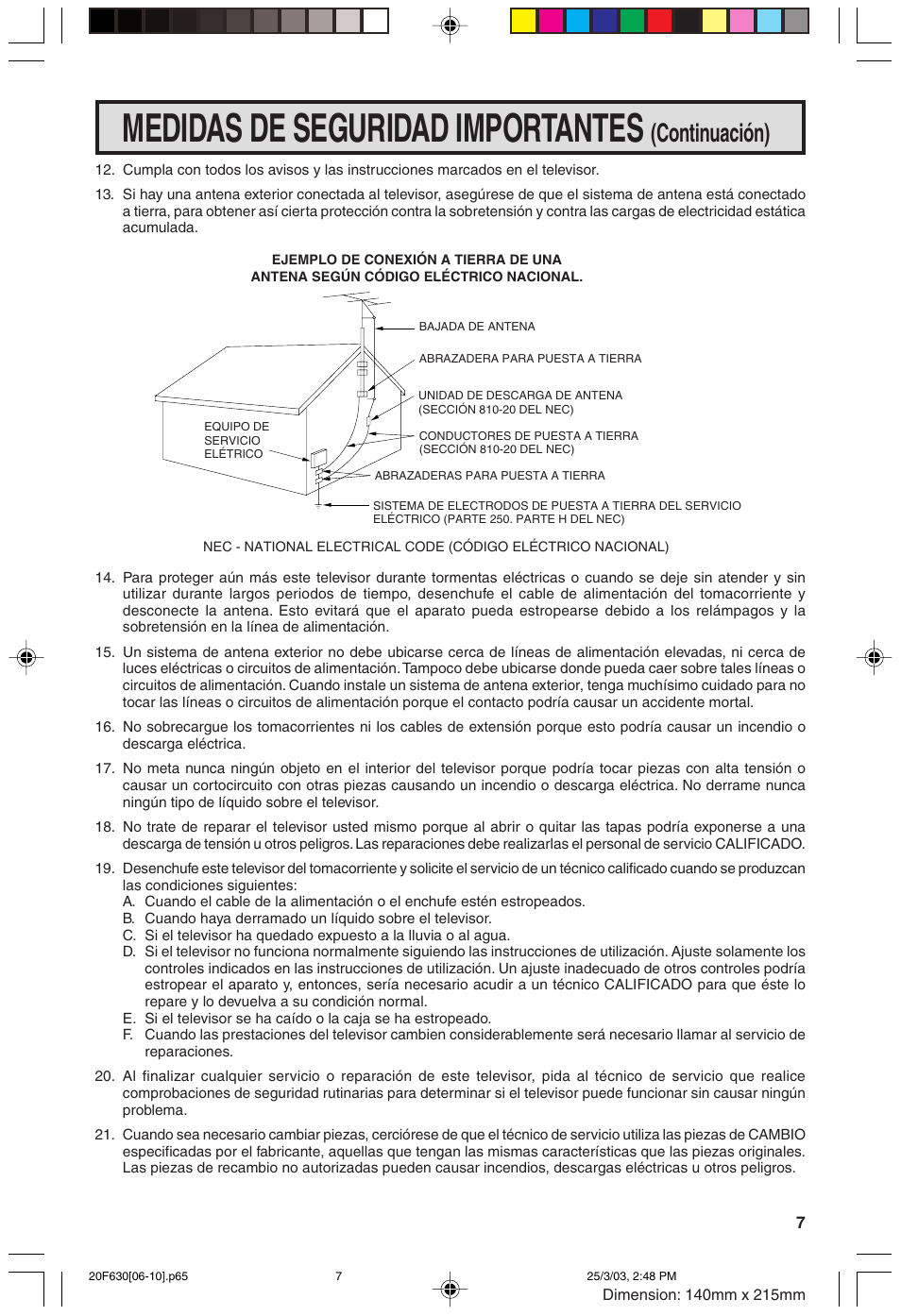 Medidas de seguridad importantes, Continuación) | Sharp 20F630 L User Manual | Page 7 / 56