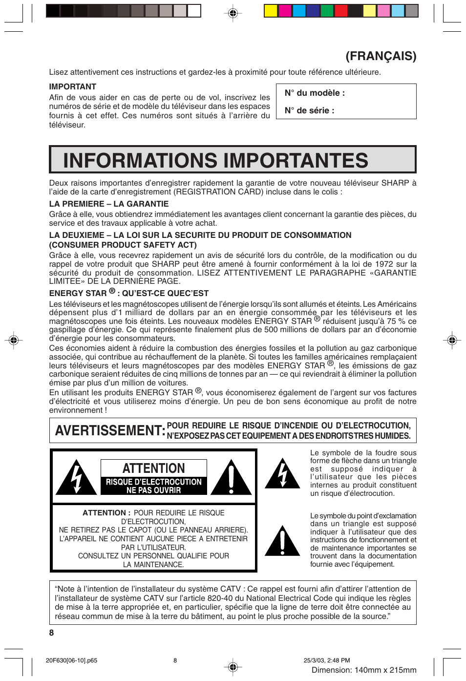 Informations importantes, Avertissement, Français) | Sharp 20F630 L User Manual | Page 8 / 56