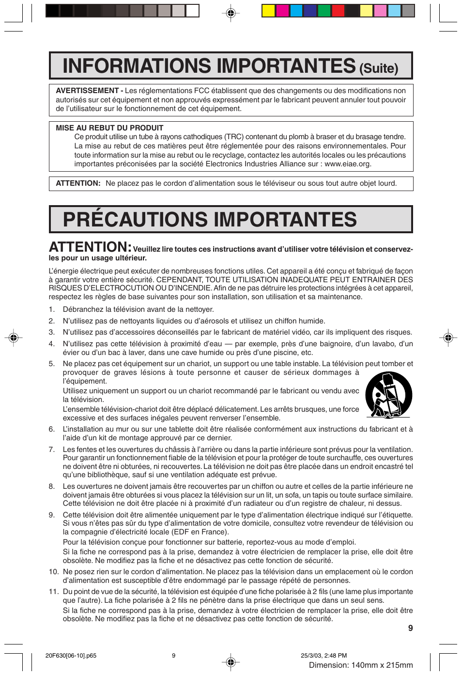 Informations importantes, Précautions importantes, Attention | Suite) | Sharp 20F630 L User Manual | Page 9 / 56