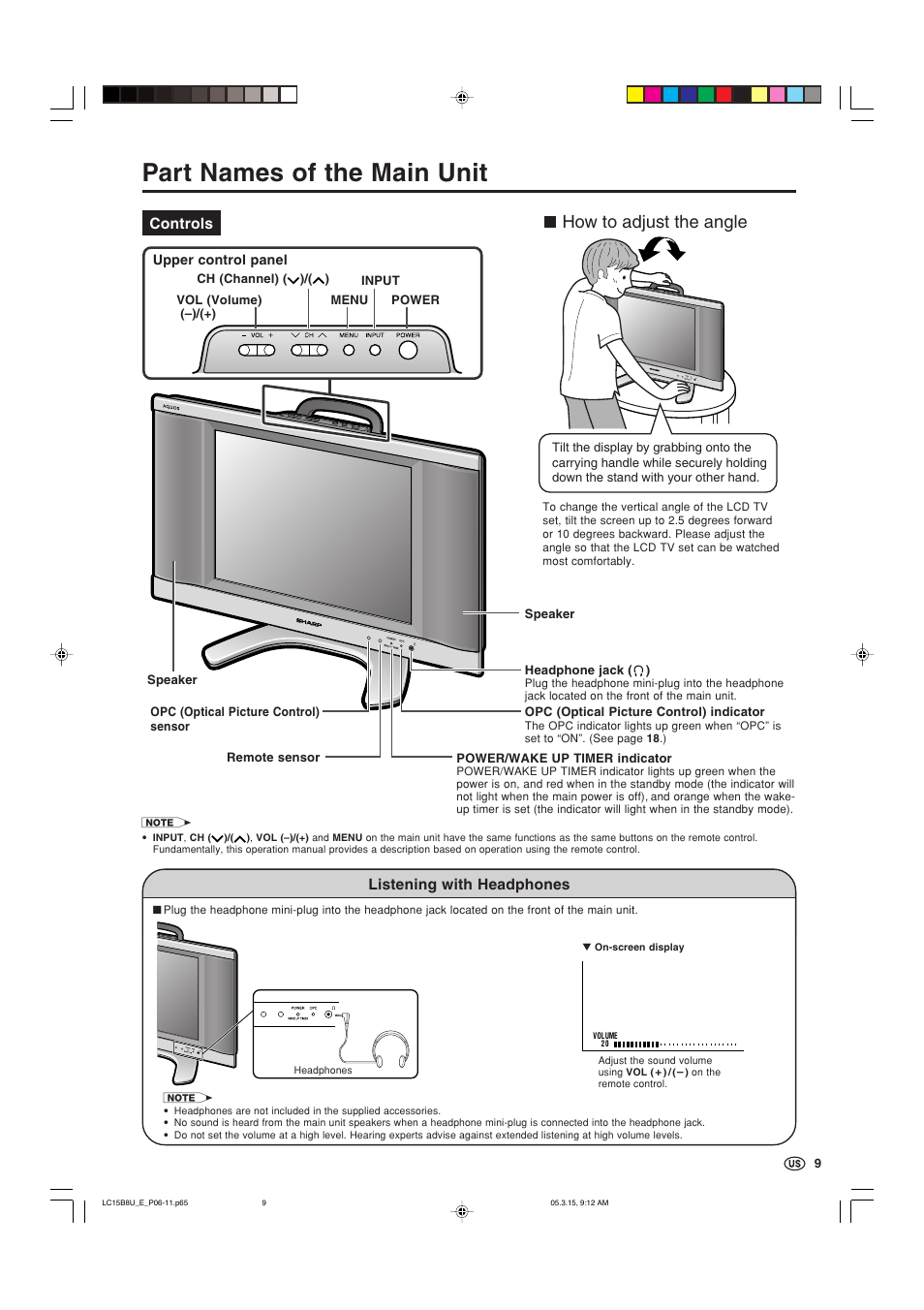 Part names of the main unit, Listening with headphones, How to adjust the angle | Sharp Aquos LC-15B8U-S User Manual | Page 10 / 39