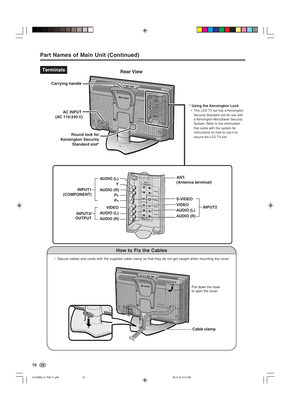 How to fix the cables, Part names of main unit (continued) | Sharp Aquos LC-15B8U-S User Manual | Page 11 / 39