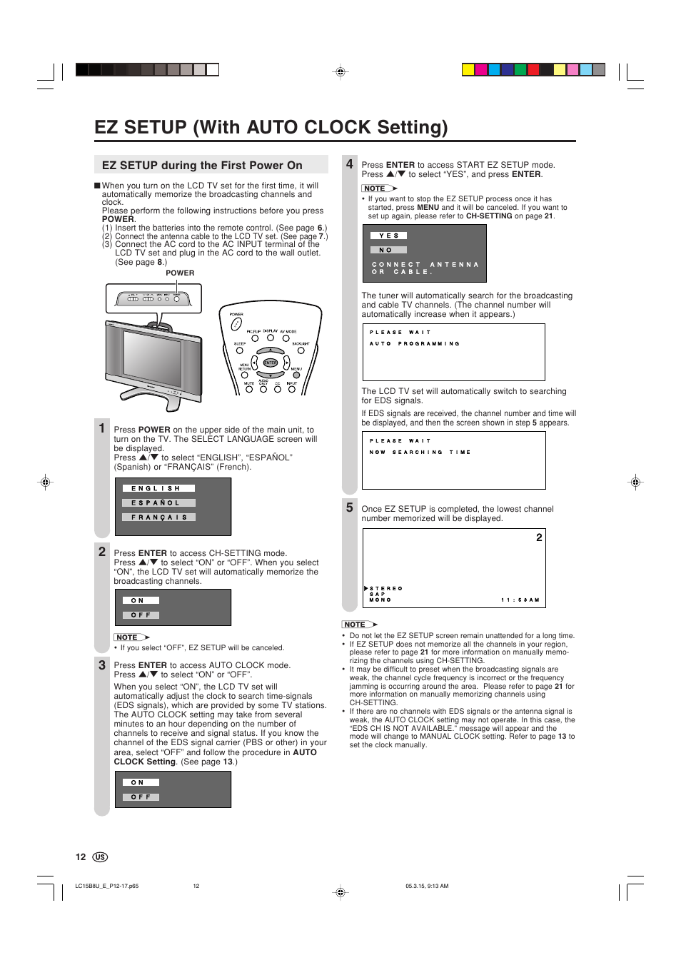 Ez setup (with auto clock setting), Ez setup during the first power on | Sharp Aquos LC-15B8U-S User Manual | Page 13 / 39