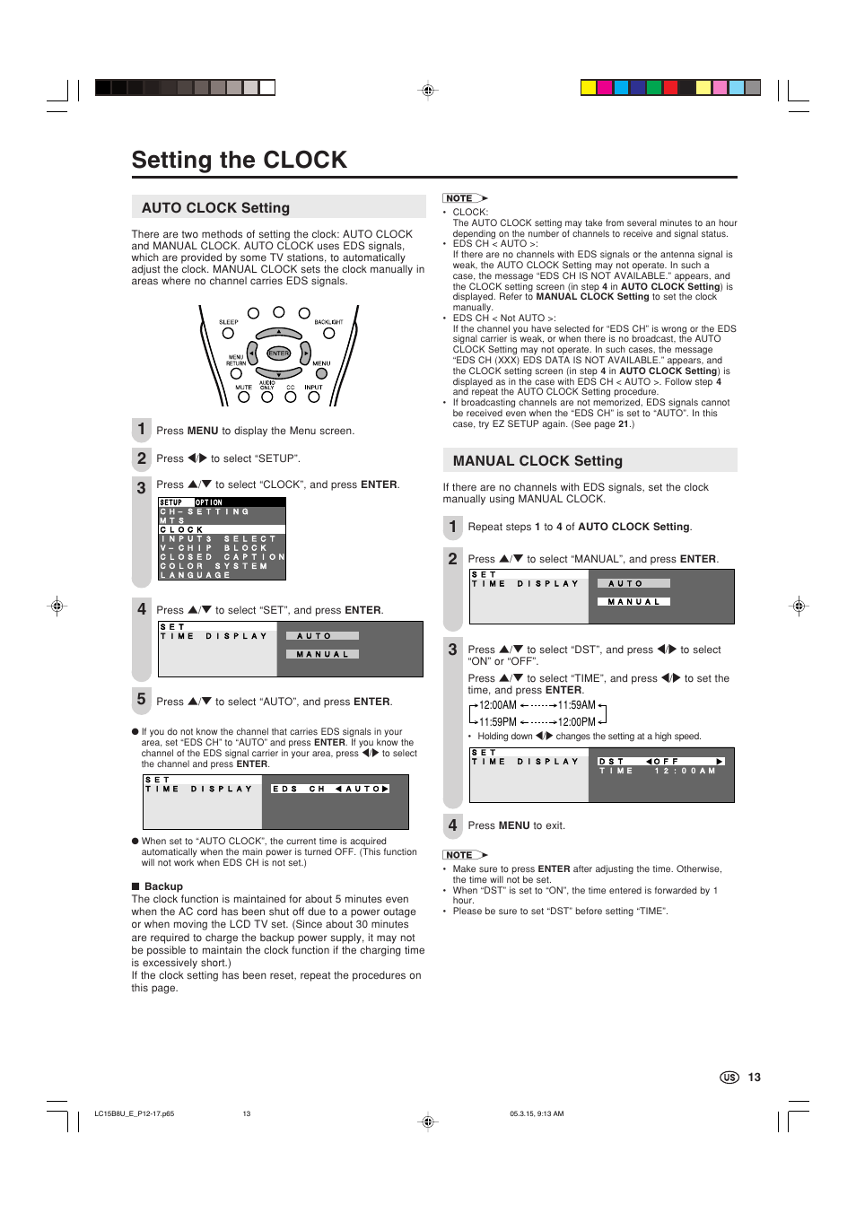 Setting the clock, Auto clock setting, Manual clock setting | Sharp Aquos LC-15B8U-S User Manual | Page 14 / 39
