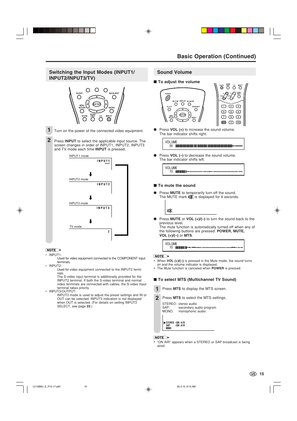 Sound volume, Basic operation (continued) | Sharp Aquos LC-15B8U-S User Manual | Page 16 / 39