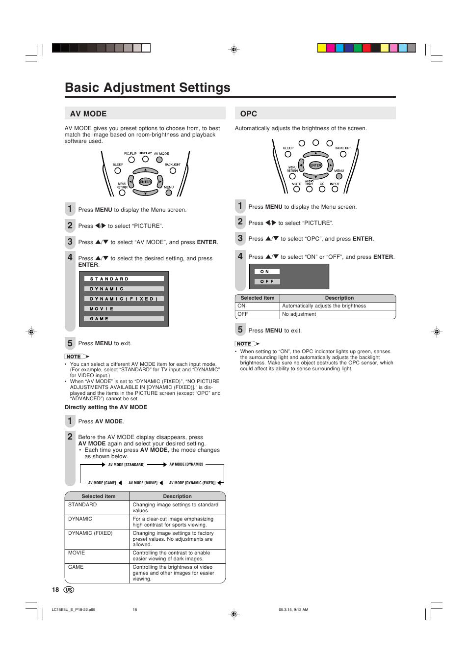 Basic adjustment settings, Av mode | Sharp Aquos LC-15B8U-S User Manual | Page 19 / 39