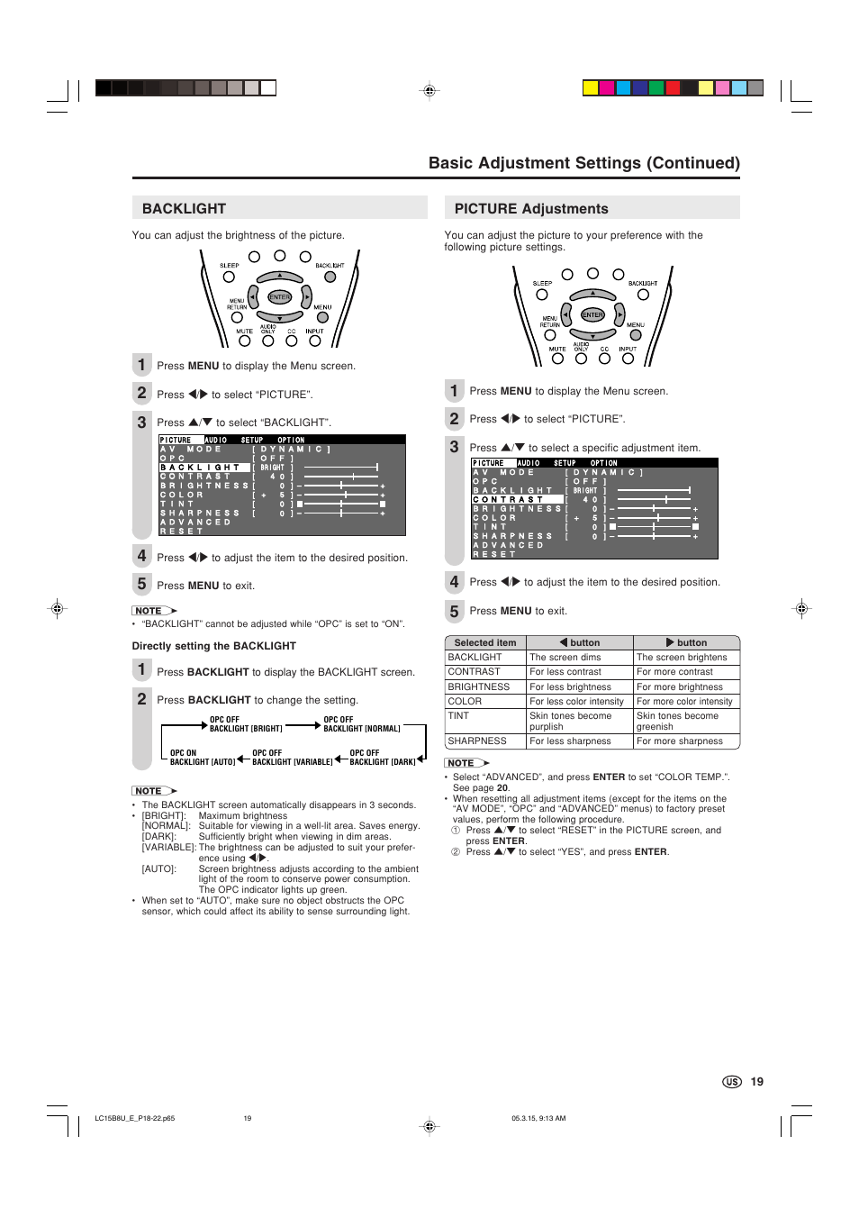 Backlight, Picture adjustments, Basic adjustment settings (continued) | Sharp Aquos LC-15B8U-S User Manual | Page 20 / 39