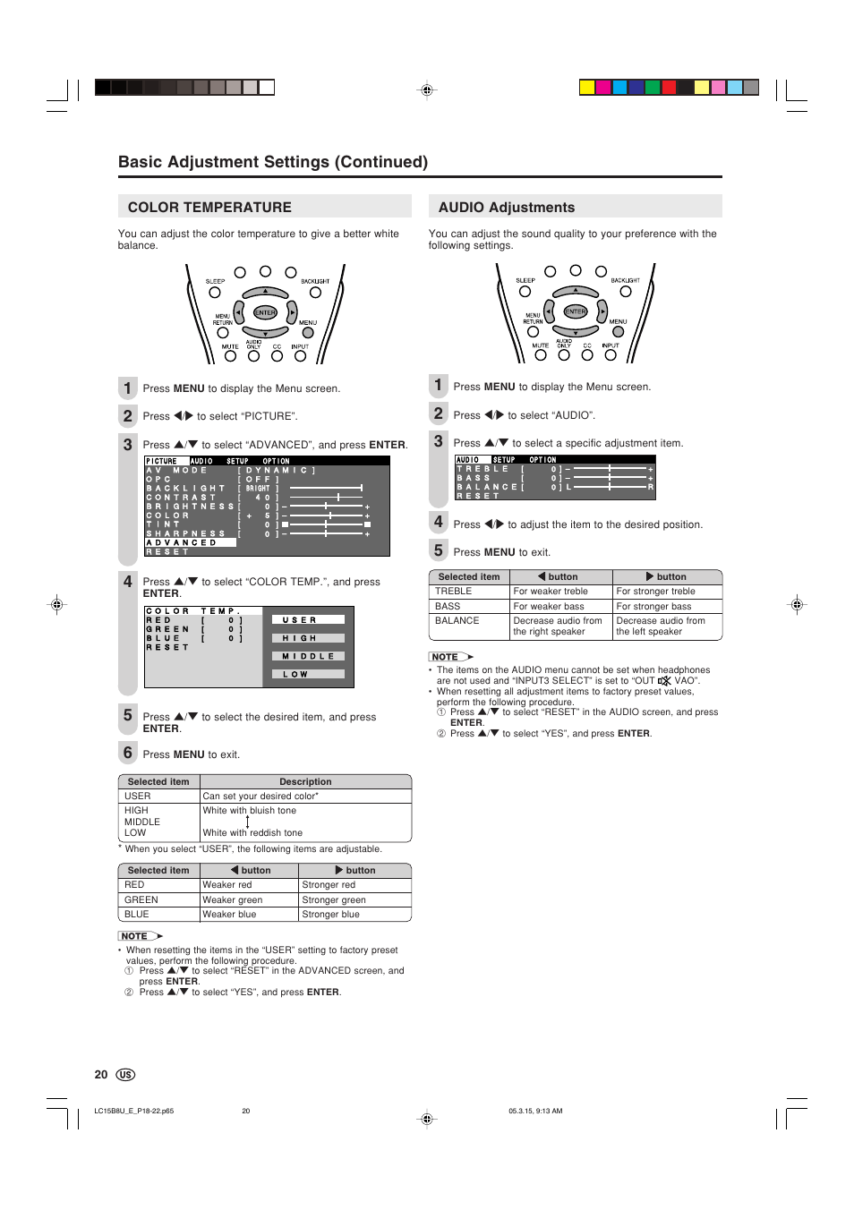 Color temperature, Audio adjustments, Basic adjustment settings (continued) | Sharp Aquos LC-15B8U-S User Manual | Page 21 / 39