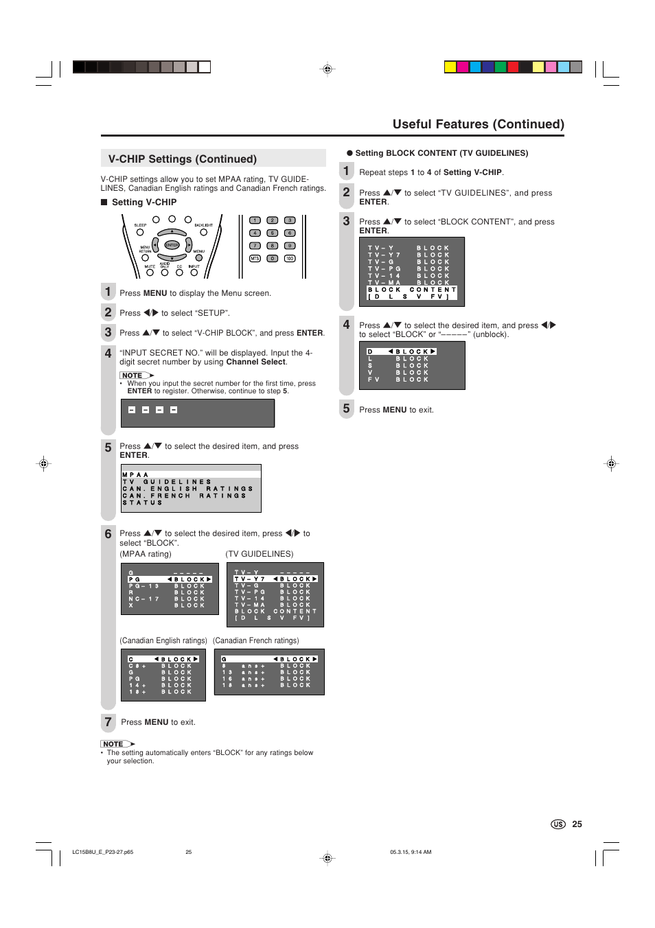 Useful features (continued), V-chip settings (continued) | Sharp Aquos LC-15B8U-S User Manual | Page 26 / 39