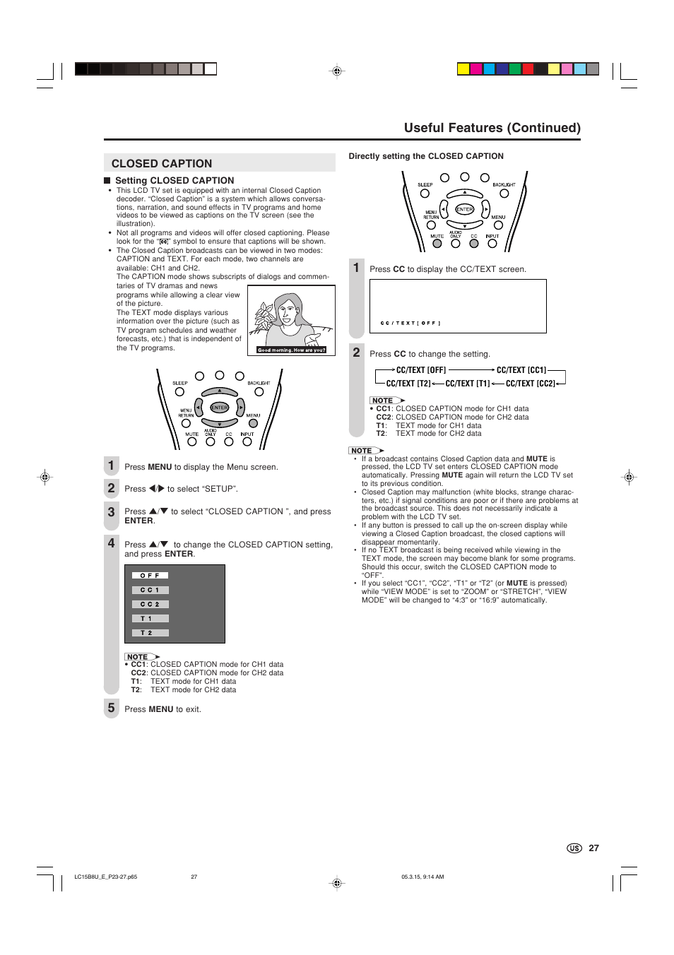 Closed caption, Useful features (continued) | Sharp Aquos LC-15B8U-S User Manual | Page 28 / 39